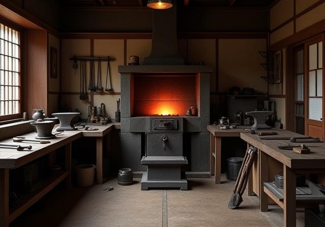 伝統的な道具が並ぶ名誉鍛冶の工房内部