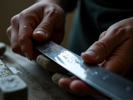 職人が刀身を丁寧に研磨している様子