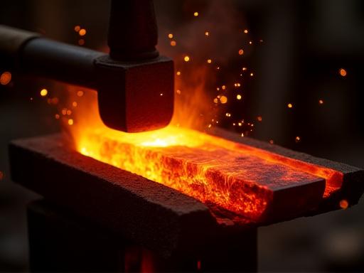 赤熱した鋼を折り返し鍛える様子